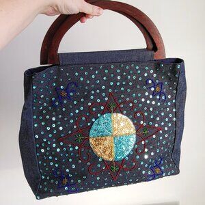 Handmade Denim Tote Bag with Wooden Handles – Beaded & Embroidered